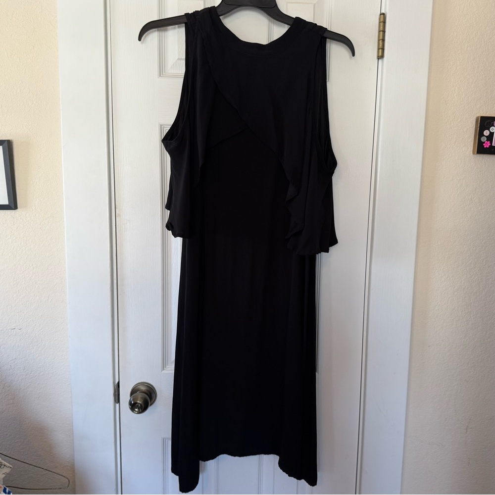 Eloquii Black Cold Shoulder Midi Dress Size 20 Ruffle Sleeve Plus Size Elegant - Picture 2 of 7